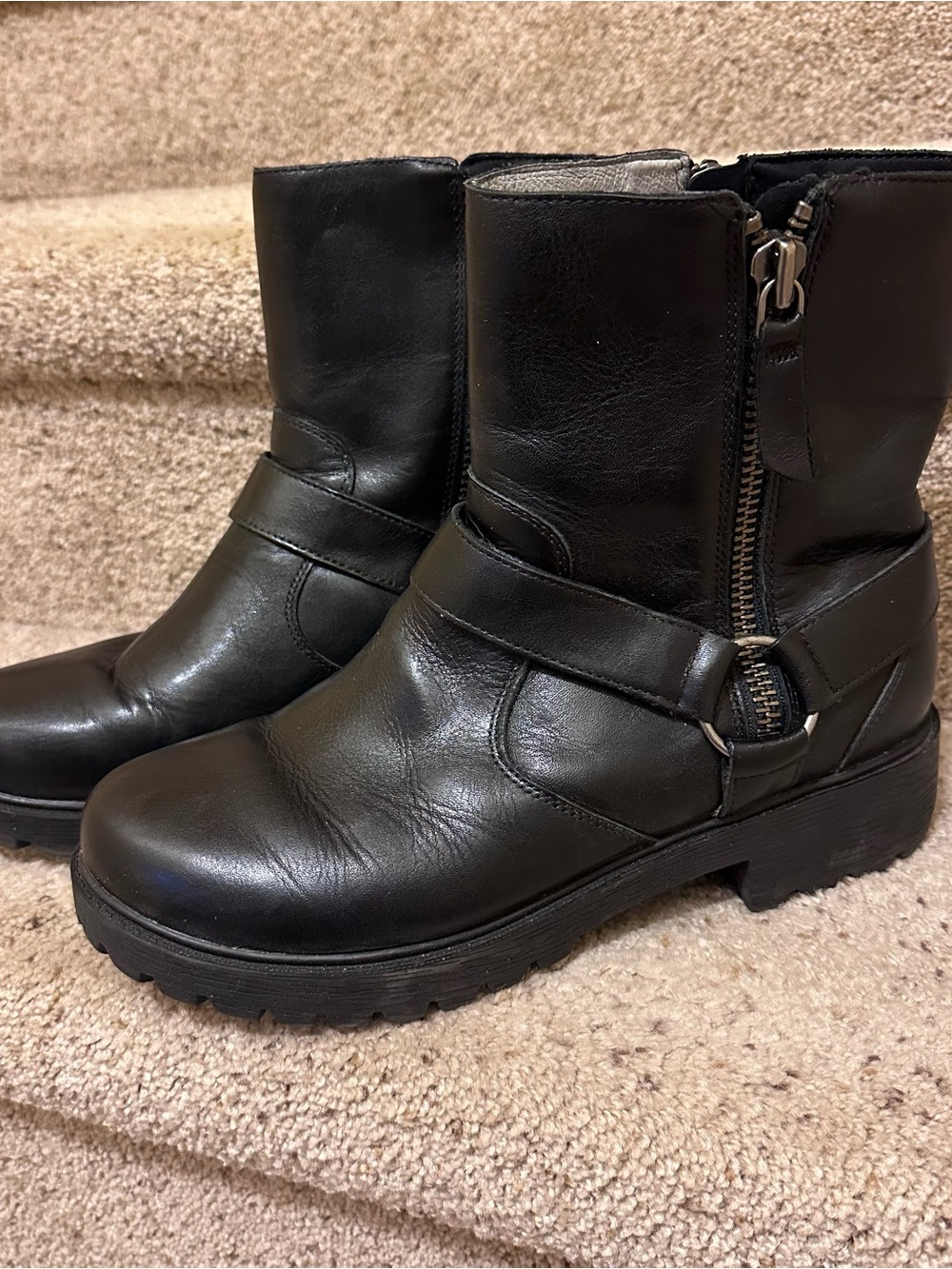 Black Leather Mid-Calf Zip Moto Boots - Women's 40